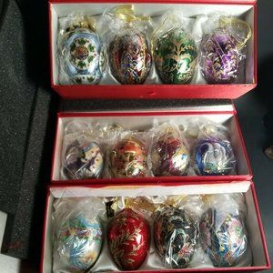 Set Of 12 Joan Rivers Faberge Egg Ornaments Russian Blown Glass With Box